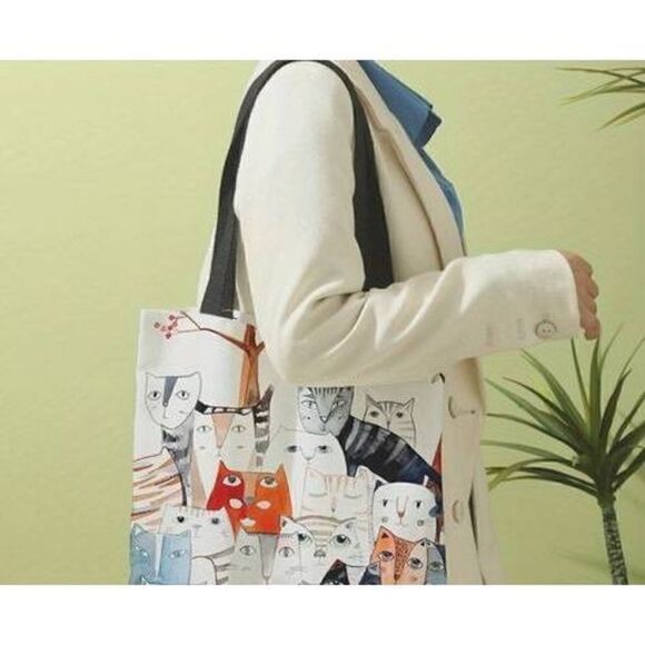 Cat Bag Tote Canvas Natural Red, Black Shoulder Strap OS 12x14" NEW - Picture 3 of 5